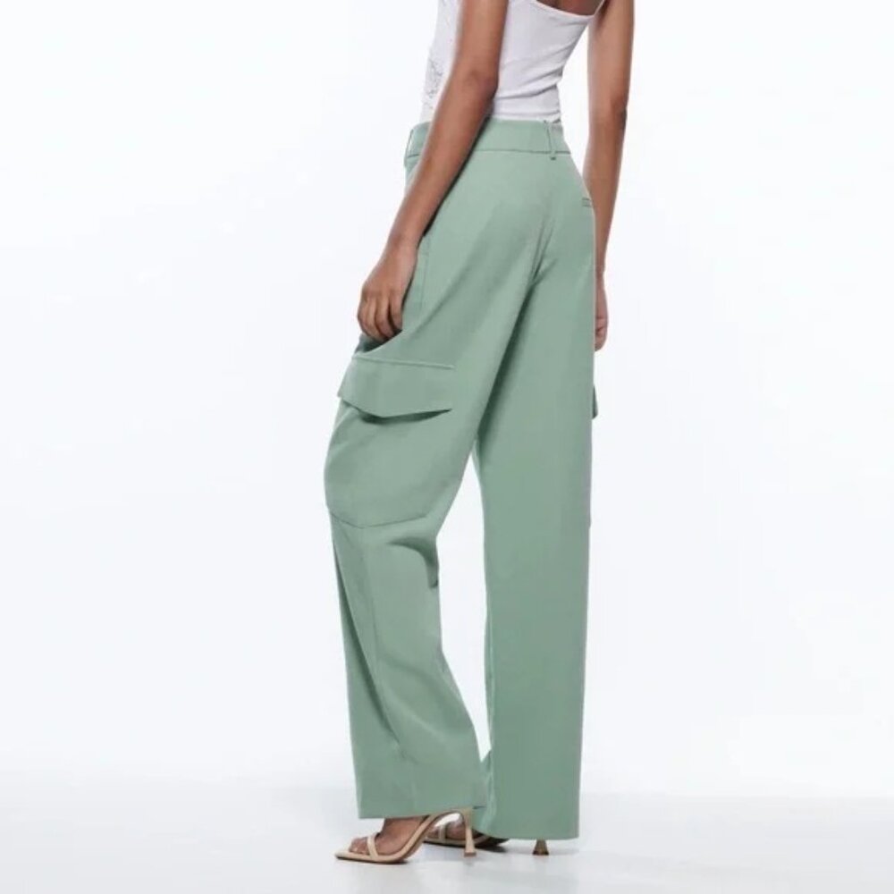 Zara Cargo Pants Women's Soft Side Pockets Green High Rise Straight Wide Leg XS